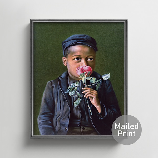 American Beauty 1890s African American Art --- 1800s black boy smelling a rose painting, vintage black americana child