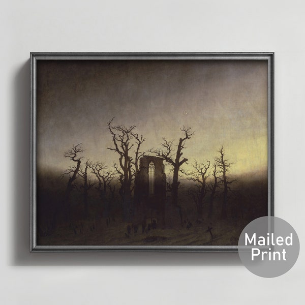 Abbey in the Oakwood 1800s Caspar David Friedrich Print - gothic church landscape, dark landscape painting, moonlit tree art