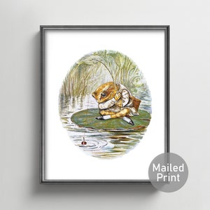 Fishing Frog Beatrix Potter Print --- vintage beatrix potter nursery wall art, frog print lily pad, baby boy nursery decor