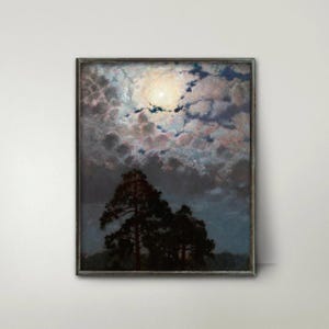 Pines 1900s Full Moon Painting --- dark aesthetic cloud print, moonlit tree print, modern art, night sky landscape painting