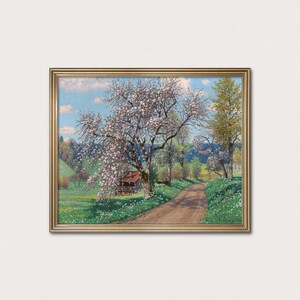 Spring Day Farmhouse Print: Vintage Country Road Landscape Art