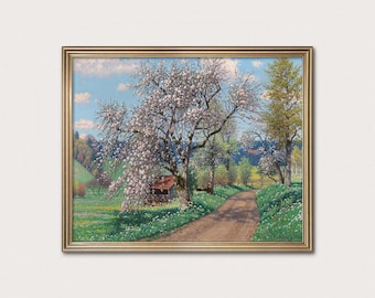 Spring Day Farmhouse Print: Vintage Country Road Landscape Art
