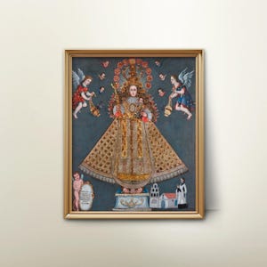 Our Lady of Guadalupe 1800s Virgin Mary Painting --- spiritual folk art, cusco peruvian art, mother and child religious art
