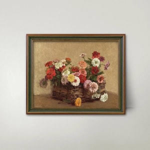 Zinnias in a Basket 1880s Zinnia Painting --- country bouquet of flowers art, rustic basket painting, botanical still life