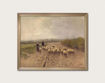 Sheep Art Print - Moody Shepards on Rustic Road, Vintage Dutch Landscape