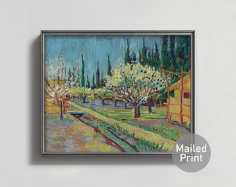 Orchard Bordered by Cypresses 1880s Van Gogh Print --- white tree art, earthy purple, van gogh painting, french landscape