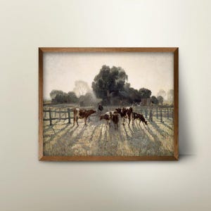 Dairy Farm Landscape Painting Print - Spring Frost in a Country Field, Muted Cow Artwork