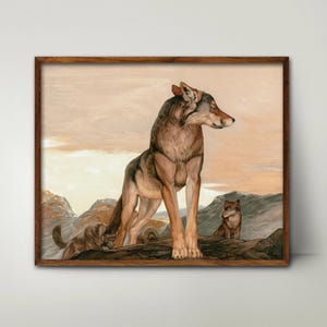 Pintura antigua de lobo solitario de la década de 1890 --- impresión de lobo, decoración boho vintage, arte de pared para hombres, arte de lobo masculino, manada de lobos