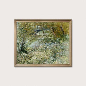 May include: Framed landscape painting featuring a bridge over a stream, surrounded by lush greenery and wildflowers. The artwork has a warm color palette with shades of green, yellow, and brown, and is set in a gold-colored frame.