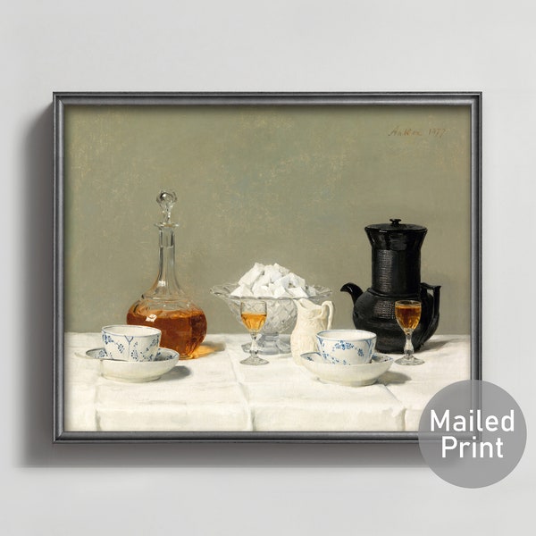1870s Still Life Coffee Painting --- after dinner coffee print dessert art, swiss dining room decor, food still life