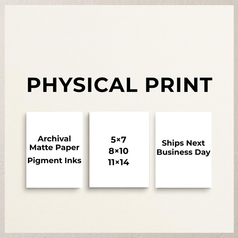 The image is a promotional graphic for a physical print service. It features three white boxes with text and numbers, providing information about the services offered.