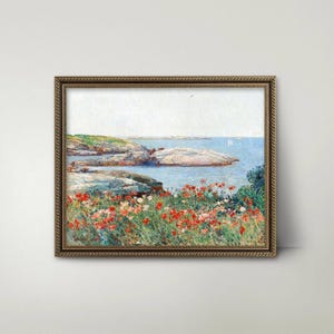 Poppies Painting - Coastal Print | Cottage Poppy Art | Vintage Impressionist Ocean Art
