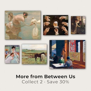The image is a collage of six different paintings, each depicting various scenes and subjects. The collage is titled "More from Between Us" and includes a 30% discount offer for collecting two paintings to save 30% on the purchase.
