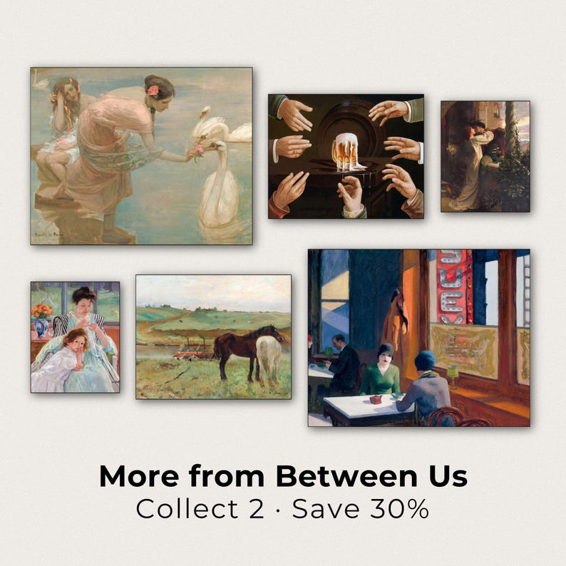 The image is a collage of six different paintings, each depicting various scenes and subjects. The collage is titled "More from Between Us" and includes a 30% discount offer for collecting two paintings to save 30% on the purchase.