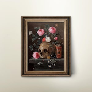 Vanitas 17th Century Skull Painting --- pink rose portrait, antique goth decor, dark academia skull art, bones anatomy print