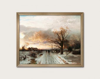 Vintage Farm Sunset Print, Rustic Country Wall Decor, Scandinavian Winter Art