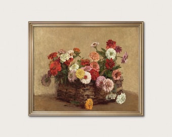 Zinnia Flower Print: Vintage Botanical Still Life in Rustic Basket