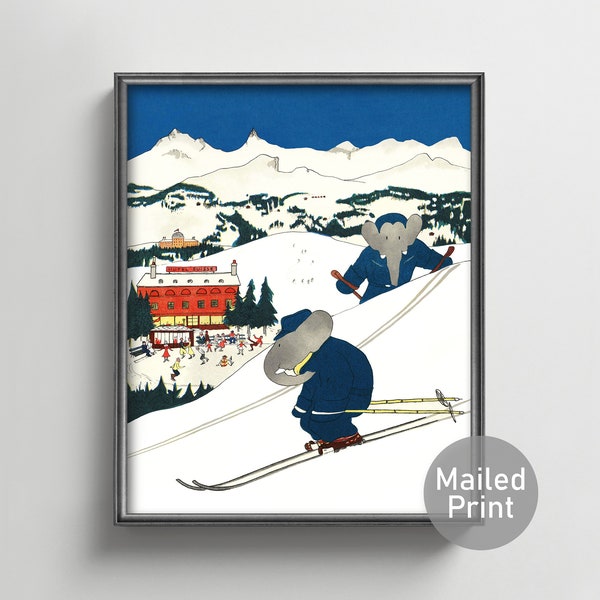 Babar Print Ski Skiing Sports • Gender neutral • Baby boy nursery wall art • Elephant baby shower gift for girl • Kids room decor