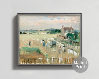 1870s Hanging the Laundry Berthe Morisot Painting -- french laundry art, vintage laundry room decor, farmhouse landscape art