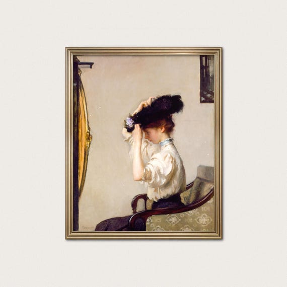 Edwardian Woman Portrait Art – Vintage Feminine Artwork, Sophisticated Woman Looking in Mirror