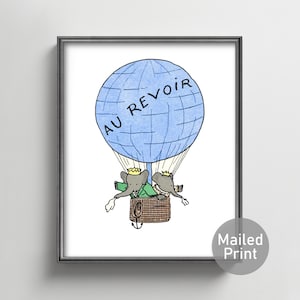 Babar Print Hot air balloon nursery wall art • Blue baby boy bedroom • Elephant baby shower gift for girl • Kids room decor