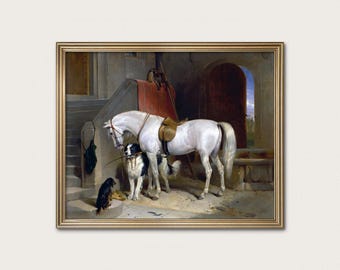 Favourites (1834) — Loyal Dogs and White Horse, English Manor Stable Painting by Edwin Landseer — Fine Art Print