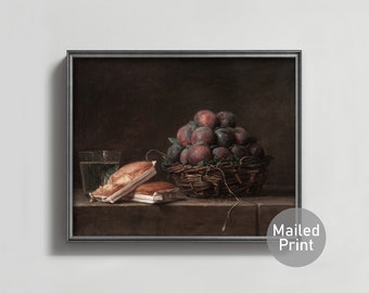 1760s Basket of Plums Cake Art -- antique french painting, dark still life print, farm fresh dessert, country kitchen decor