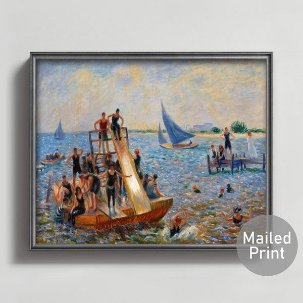 The Raft 1900s Swimming Painting - vintage coastal decor, swimmer ocean print, summer seascape art, harbor nautical wall art