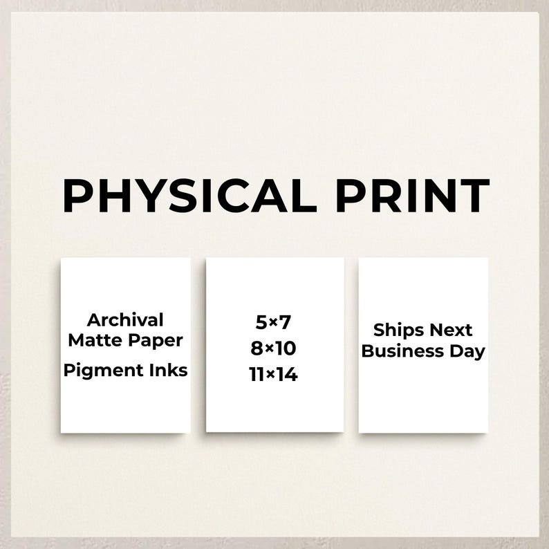 The image is a promotional graphic for a physical print service. It features three white boxes with text and numbers, providing information about the services offered.