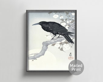 Crow at Full Moon 1920s Japanese Painting - ohara koson wood block print, vintage japanese bird print, winter asian wall art