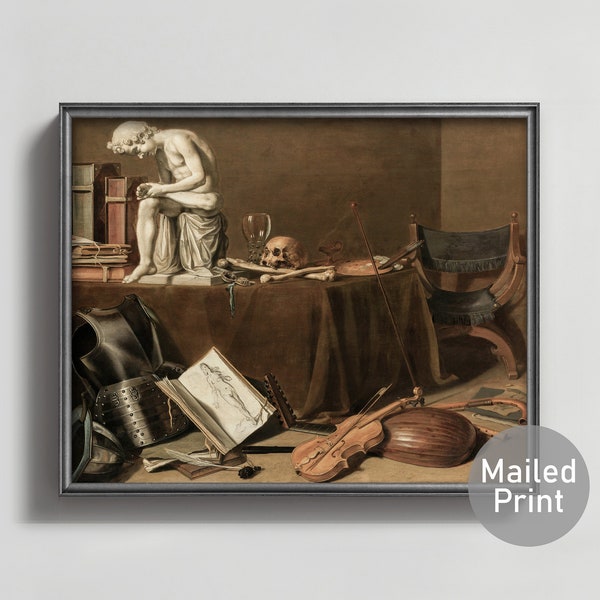 Vanitas Still Life 17th Century Dark Academia Painting --- atelier interior scene, skull art, goth decor, neutral dutch art