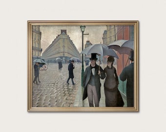 May include: A framed oil painting depicting a rainy Parisian street scene with cobblestones, tall buildings, and several figures walking under black umbrellas. A couple stands in the foreground, with the person on the left wearing a top hat and coat.