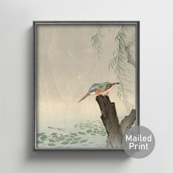 Kingfisher on a Tree Stump 1920s Japanese Painting --- ohara koson wood block print, vintage japanese bird print, asian art