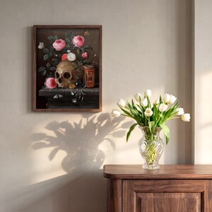 Vanitas Skull Painting Print: 17th Century Still Life, Dark Academia Decor imagem 3