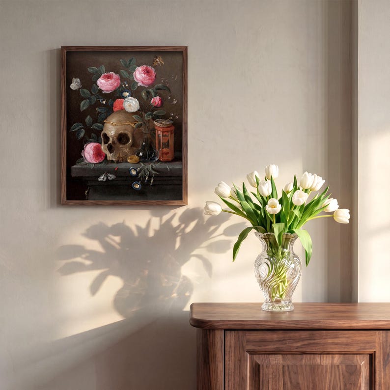 Vanitas Skull Painting Print: 17th Century Still Life, Dark Academia Decor imagem 3