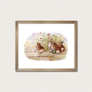 May include: A framed watercolor illustration featuring four brown and white guinea pigs in a garden setting. One guinea pig holds a rake, another carries a small green watering can, and they are surrounded by colorful flowers and green foliage.