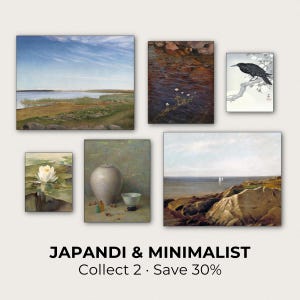 The image is a collage of six paintings, including landscapes, still life, and abstract art, titled "JAPANDI & MINIMALIST" and offering a 30% discount on the collection.