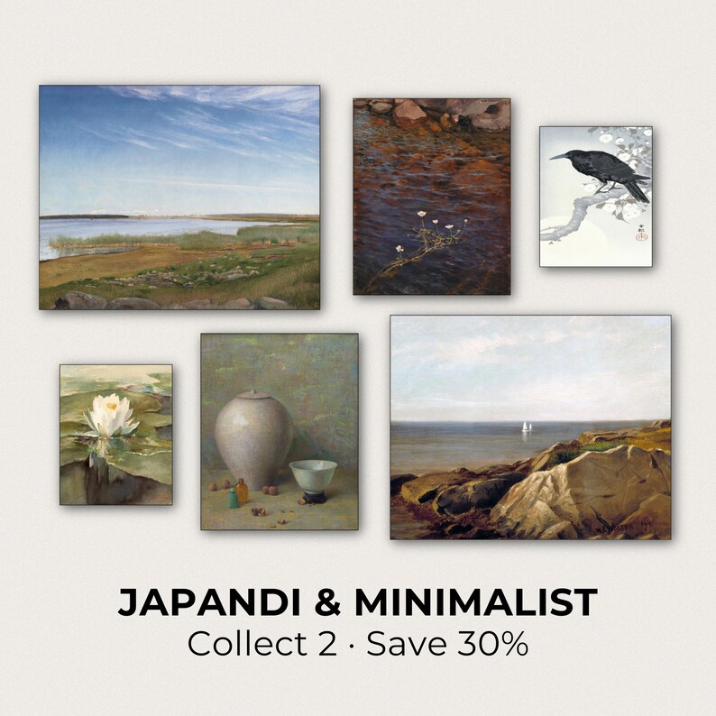 The image is a collage of six paintings, including landscapes, still life, and abstract art, titled "JAPANDI & MINIMALIST" and offering a 30% discount on the collection.