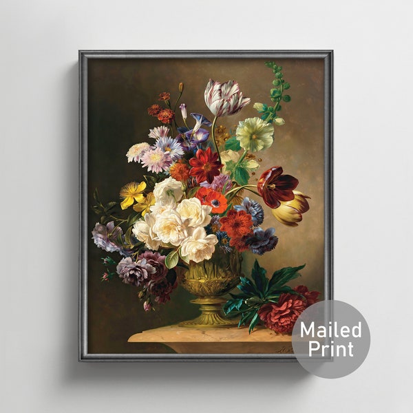 Summer Flowers 1840s Floral Still Life --- dutch flower painting, dark flower art, antique botanical print, peony bouquet