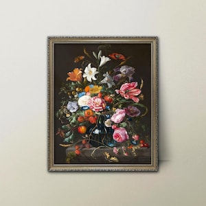 Vase of Flowers 17th Century Floral Still Life --- dutch flower painting, dark flower art, antique botanical print bouquet