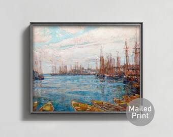 1900s Harbor Seascape Painting - vintage sailboat print gloucester landscape art, atlantic ocean sailing print, fishing boat