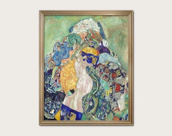 May include: A framed art print featuring a painting of a figure with pale skin and a yellow head covering, surrounded by a dense, colorful collage of patterned fabrics in shades of green, blue, gold, and white, set within a metallic gold frame.