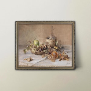1890s Chianti Bottle and Fruit Still Life Painting --- antique wine decor casual elegance, dining room decor, kitchen print