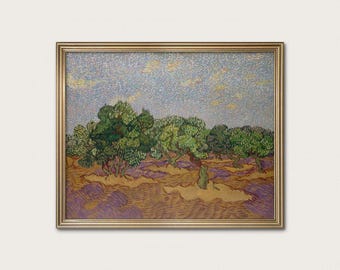 May include: A framed landscape painting featuring olive trees with green foliage set against a light blue sky. The ground is depicted in shades of purple and tan with visible brushstrokes throughout the artwork, enclosed in a metallic gold frame.