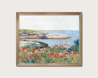 Poppies Painting - Coastal Print | Cottage Poppy Art | Vintage Impressionist Ocean Art
