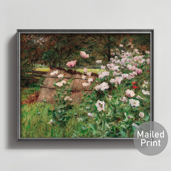 1890s Antique Poppy Painting -- feminine forest landscape wall art woodland flower art, chic botanical print, pink poppy art