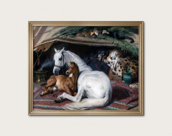 Vintage Arabian Horse Print – Peaceful Mare and Foal, Exotic Animal Painting