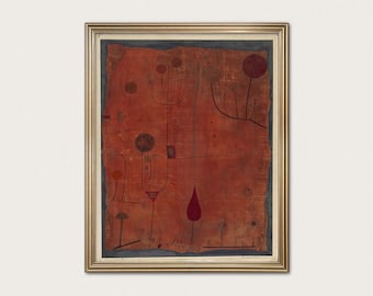 Peut inclure: Une œuvre d'art rectangulaire encadrée présentant un fond orange-rouge profond avec des bordures gris foncé. La composition comprend des lignes noires fines formant des structures végétales abstraites, des cercles et une forme de goutte rouge.