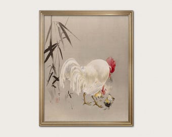 Vintage Japanese Rooster Art Print: Farmhouse Chicken & Chicks