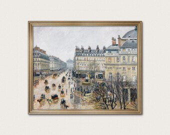 May include: An oil painting in a gold frame depicting a busy Parisian street scene with horse-drawn carriages, pedestrians, and multi-story buildings under a cloudy sky. The artwork features muted tones of gray, beige, and brown.